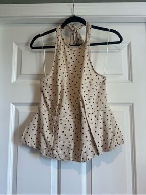 Zara Halter Peplum Polka Dot Top - Cream with Brown Dots